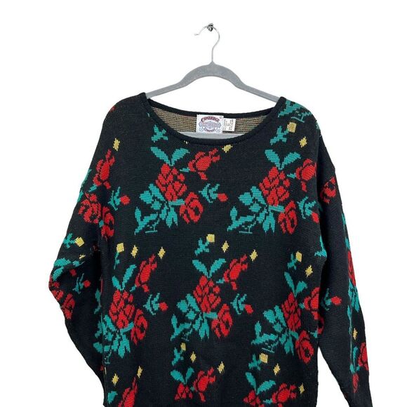 Cambridge Dry Goods Lambswool Blend Sweater Black Floral Round Neck Women Size L - Picture 2 of 5